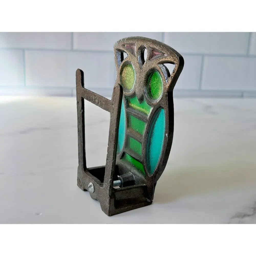 Vintage Cast Metal Owl Napkin Holder | Faux Stained Glass Adjustable Clamp